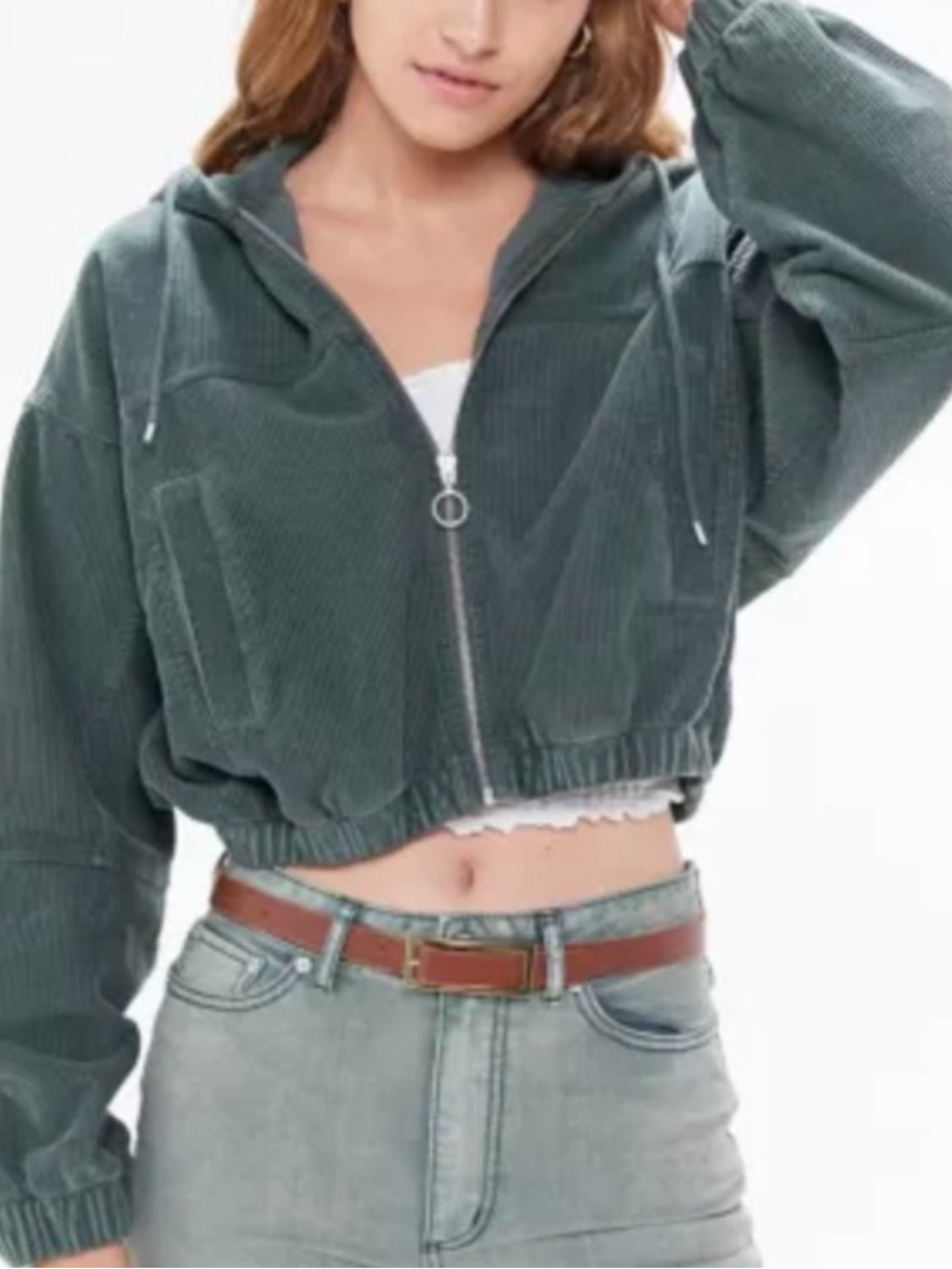 Urban Outfitters Cropped Corduroy Hooded Jacket in Dusty Green